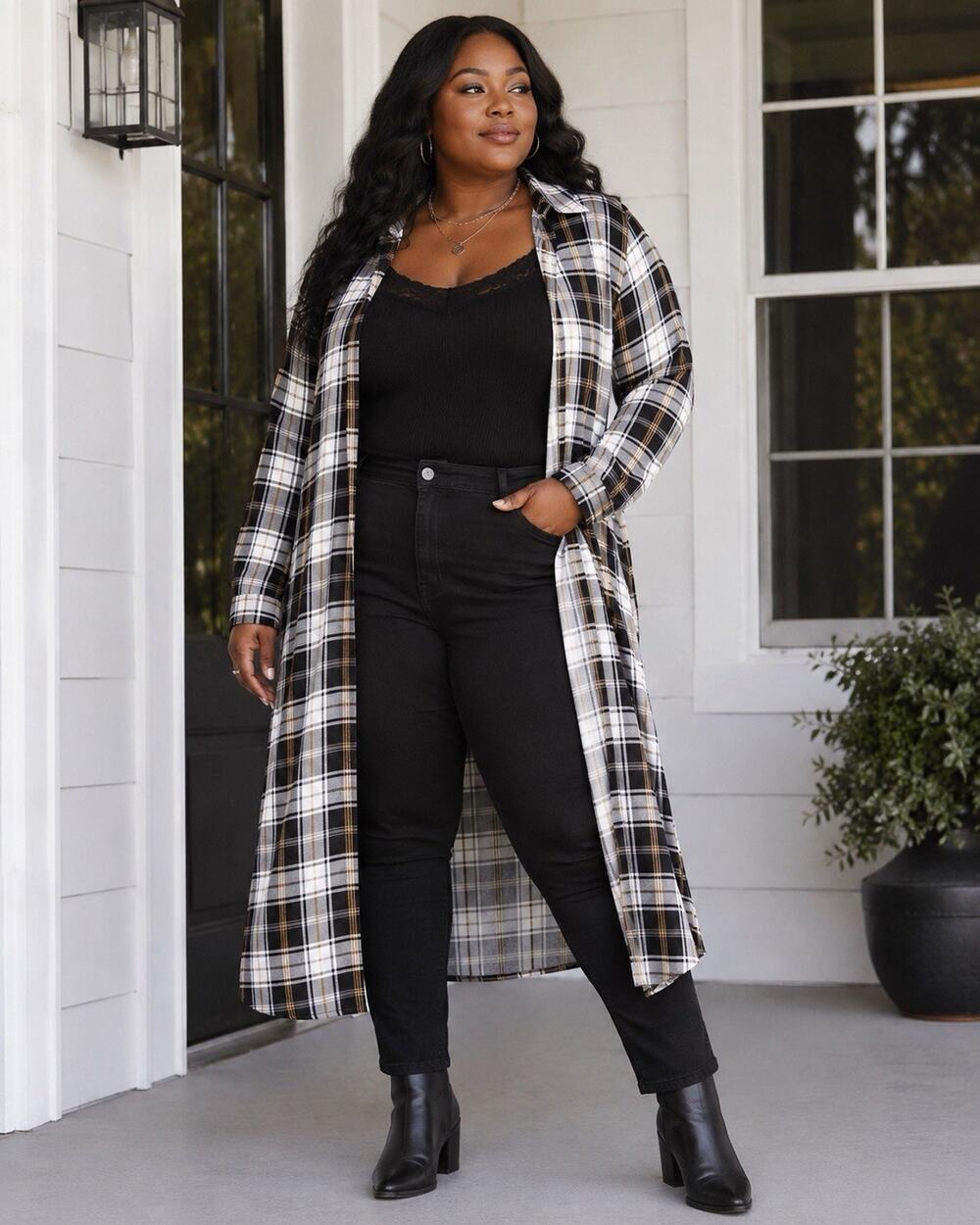 Torrid 4 Plaid Duster Kimono Black White Yellow Rayon Open Front Shacket Shirt